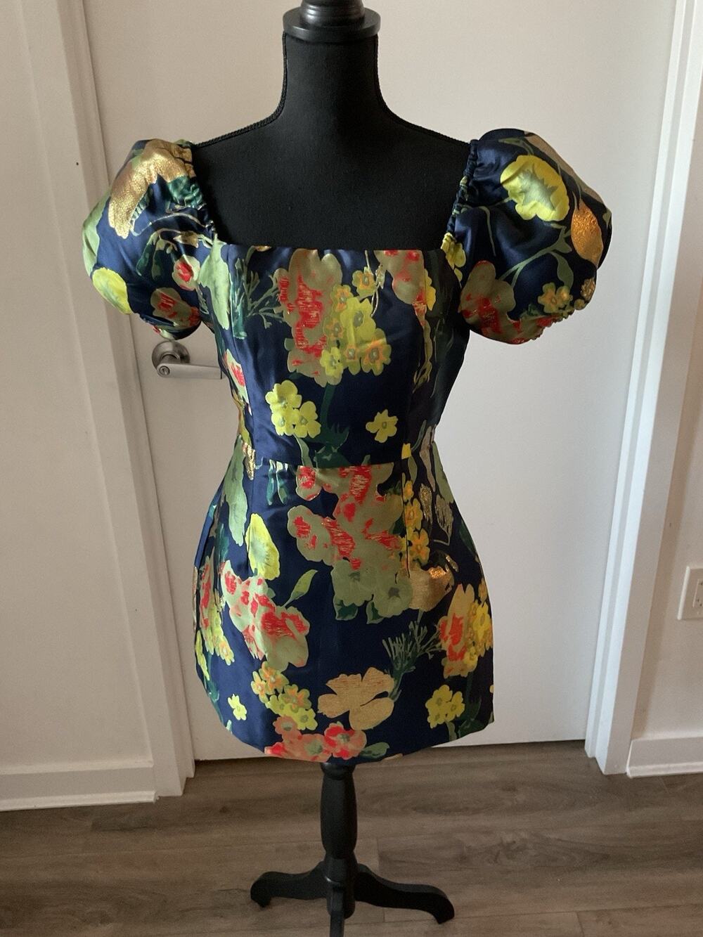 Lulus So Stunning Navy Blue Floral Jacquard Puff Sleeve Mini Dress Size M
